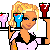 Pixel art contact sheet showing multiple frames of an animated icon featuring a blonde woman in a pink and black outfit holding drinks, with text elements like 'mY miLk ShAkE' and other stylized phrases.