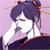 Pixelated character with dark purple hair styled in buns, wearing a white top with dark blue accents and red hair accessories against a light purple background.