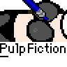 Animated contact sheet showing 15 sequential frames of a cartoon character drawing with repeated text "Pulp Fiction" at the bottom, featuring a figure in gray clothing using a blue pen to draw on a white circle against a gray background.