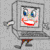 Two identical cartoon computer monitors with smiling faces, blue eyes, and red mouths stand side-by-side on gray legs against a light gray background.