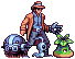 Pixel art of a character in western attire holding a blue mechanical object and standing next to a green plant-like creature on gray background.