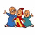 Three cartoon characters in blue, red/yellow, and teal outfits pose with raised arms against a white background.