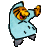 Pixelated character in light blue coat and gray pants performs a side-to-side dance with arms raised, alternating between left and right arm positions.