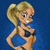 Pixelated cartoon woman with blonde ponytail in blue bikini top, standing against solid blue background with hands on hips.