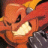 Pixelated orange and red robotic face with glowing white mouth, dark eye slits, and metallic gray accents on a dark background.