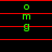 Green pixelated text 'omg' on black background with red horizontal lines, animated to shift vertically between two positions.