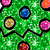 Green Christmas tree with colorful ornaments, red candy cane heart shape, red and green baubles, penguin in Santa hat.