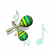 Animated sequence of maracas with green and yellow stripes, surrounded by musical notes in blue, light brown, and pale yellow hues.