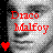 Pixelated grayscale portrait of a person with red and white text overlays, heart symbols in matching colors, and black text below.