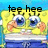 Pixelated yellow cartoon character with large blue eyes, orange hands, and a white mouth, set against a blue and yellow background with black text above.