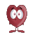 A red heart-shaped character with white eyes and black pupils performs a sequence of animated actions including blinking, opening its mouth, and emitting small red heart particles.