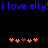 Blue text reads 'i love elly!i love elly!' above two of orange and brown pixelated heart shapes on a black background