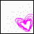 Two side-by-side animated frames of a pixelated pink heart icon with scattered square particles on white background, showing frame-to-frame color and particle changes.