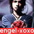 A static image of a person in a blue dress holding a red rose, with red text reading "angel-xoxo" overlaid horizontally.
