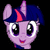 Pixelated cartoon pony with purple skin, blue mane, and red stripe on head, smiling with large eyes, displayed in a with text overlay on one