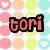 Pixelated text labels 'tori', 'loren', 'zach', and 'besies yeverr' on a pastel polka-dot background with heart shapes.