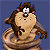 Pixelated cartoon character with brown fur, pink inner ears, and a large nose, wrapped in a brown rope against a blue background with 'TAZ!' text.