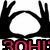 Pixelated black and white icon with pink text at the bottom, featuring a circular shape flanked by two upward-pointing curved elements.