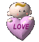 Pixelated baby with blonde hair holding a pink heart-shaped object displaying the word 'LOVE' in purple text.