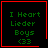 Four identical pixelated squares with red borders display green text reading "I Heart Lieder Boys <33"; two squares have additional red symbols in the bottom-right corner.
