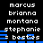 Black background with white pixelated text listing names and blue horizontal bars, where the word 'besties' appears partially obscured by blue bars in two