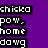 Pixelated text phrases in white and black on a purple background, arranged in two with some gray space