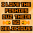 A 3x2 contact sheet of a pixel art animated icon featuring a blonde doll character in orange attire surrounded by small fish, with text reading "I LOVE THE FISHIES CUZ THEIR SO DELICIOUS!" and varying frame-specific details like the number "50" highlighted or different poses.