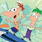 Pixelated cartoon characters Phineas and Ferb stand side-by-side on a blue platform against a light green background with white streaks.
