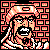 Pixel art icon of a character with long hair and glasses, wearing a headband, set against a red geometric patterned background.