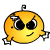 Pixelated yellow circular face with black eyes, a small curved mouth, and three pixel clusters resembling hair or antennae.