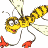 Animated contact sheet showing two frames of a pixelated bee character with yellow and black stripes, white wings, red feet, and antennae against a transparent background.