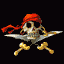 Pixelated pirate skull with red bandana, crossed swords, and bones on black background; animation shows head turning left to right.