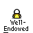 A 4x3 contact sheet of a pixel art animation featuring a stick figure character with white head and yellow body performing sequential movements against a gray background, labeled "Well-Endowed" below each frame.