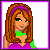 Pixel art of six showing a character with brown hair, green choker, purple dress, and pink boots, with Scooby-Doo and text