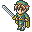 Four pixel-art frames of a green-clad character holding a sword in various poses on a gray background.