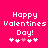 Pixelated text 'Happy Valentines Day!' on bright pink background with five heart symbols below, two variations of the hearts' arrangement.