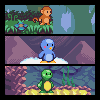 Pixel art of three distinct animal characters in separate scenes: a brown monkey on grass, blue penguin on snow, and green turtle on sand.