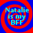 Four identical circular with red and blue spiral backgrounds display cyan text reading "Natalie is my BFF" in a