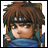 Pixelated character with brown spiky hair, black headband, blue shirt, and teal earrings against white background; adjacent black with white text "AnimeIM" and "com"