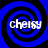 Four identical blue spiral patterns with black outlines arranged in a , each containing the text 'cheisy' in white pixelated font