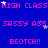 Blue background with repeating pink text 'HIGH CLASS', 'SASSY ASS', and 'BEOTCH!!' in pixelated font, scattered white stars.