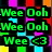 Pixelated of colorful squares with text overlays in green, orange, and blue, displaying phrases like "Wee Ooh" and "Wee <3" in various color schemes