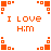 A 4x4 contact sheet of a pixel art animated buddy icon featuring an elf-like character with black hair and orange accents, surrounded by text expressing unrequited love and repeated geometric patterns.