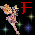 Pixelated fairy-like figure with multicolored wings and dress, holding a staff, positioned against black background with starbursts; red letters F, A, E appear sequentially.
