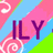 Pixelated icon with diagonal pink and blue stripes, green section, white swirls, purple text "ILY", and cyan background with "i" and "love you" text.