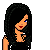 Pixel art contact sheet showing three static frames of a cartoon character with long black hair, an orange midriff, and black pants, each paired with text fragments.