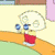 Animated cartoon character with white hair and red shorts holds blue object, standing on orange path against light yellow background.