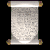 Animated scroll unrolling and re-rolling sequence showing text on paper, wooden rollers, and white paper transitions against black background.