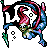 Pixel art of a character with pink hair, green and white clothing, holding a staff with green and white details, against a gray background with black and white circular patterns.