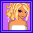 Pixel art icon of a blonde woman with blue eyes, wearing white strapless top and pink skirt holding gray bucket with yellow star.